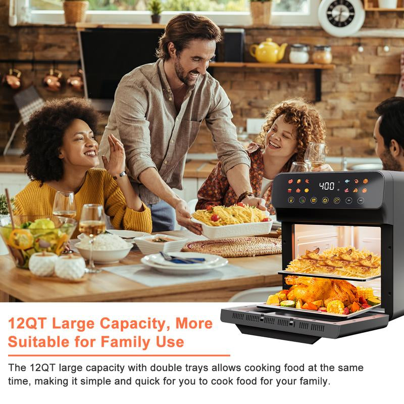 12QT Air Fryer, 1700W, Convection Oven, 12-In-1 Smart Touchscreen, Large Easy-View Window, Auto Shutoff, Black