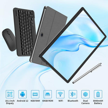 Relndoo Tablet 10.1 Inch Android 12, 5 in 1 Tablet with Keyboard, Mouse,Stylus, Case, Quad Core 64GB ROM, Wifi, 5+8MP Dual Camera, 6000Mah, 1280X800 IPS Display, Widevine L1, Bluetooth