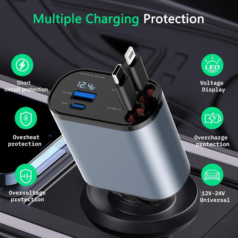 4 in 1 Retractable Car Charger,Super Fast Charging Car Charger Max 120W, Retractable Cable and 2 USB Ports Car Charger Adapter for Iphone 15 14 13 12 Pro Max, Galaxy S23 4-In-1 Retractable Halloween Gift Adjustable Retractable Double Type