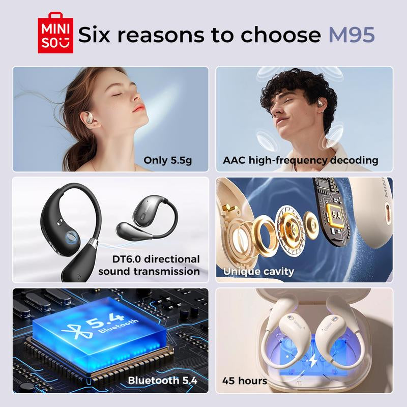 MINISO True Wireless Open Ear Earbuds Bluetooth 5.4, IPX5 Waterproof, 48Hours Play Time,Ows Headphones Immersive Premium Sound Long Distance Connection Headset with Charging Case,Light-Weight Headphones Built-In Microphone Support All Phone