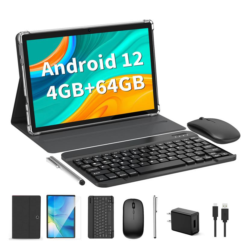 Relndoo Tablet 10.1 Inch Android 12, 5 in 1 Tablet with Keyboard, Mouse,Stylus, Case, Quad Core 64GB ROM, Wifi, 5+8MP Dual Camera, 6000Mah, 1280X800 IPS Display, Widevine L1, Bluetooth