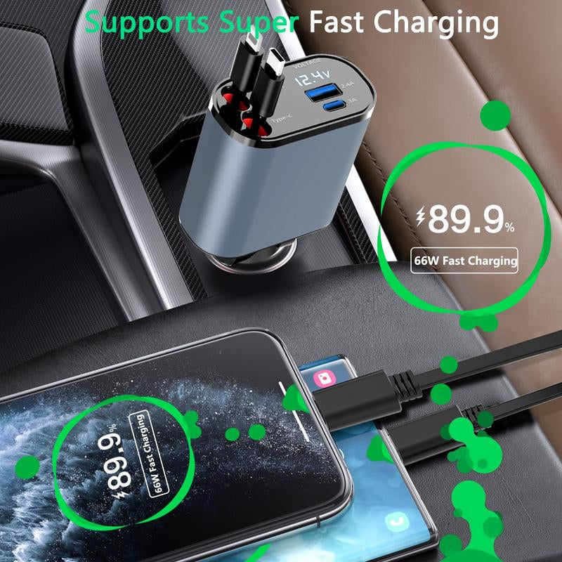 4 in 1 Retractable Car Charger,Super Fast Charging Car Charger Max 120W, Retractable Cable and 2 USB Ports Car Charger Adapter for Iphone 15 14 13 12 Pro Max, Galaxy S23 4-In-1 Retractable Halloween Gift Adjustable Retractable Double Type