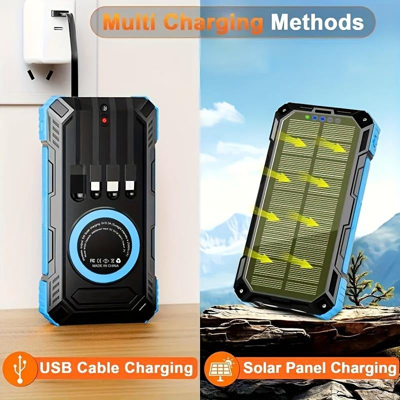 Solar Power Bank 20000 Mah, Portable Wireless Fast Charge Power Bank with 4 Cables & LED Flashlights Compatible Accessories Phone Smartphone